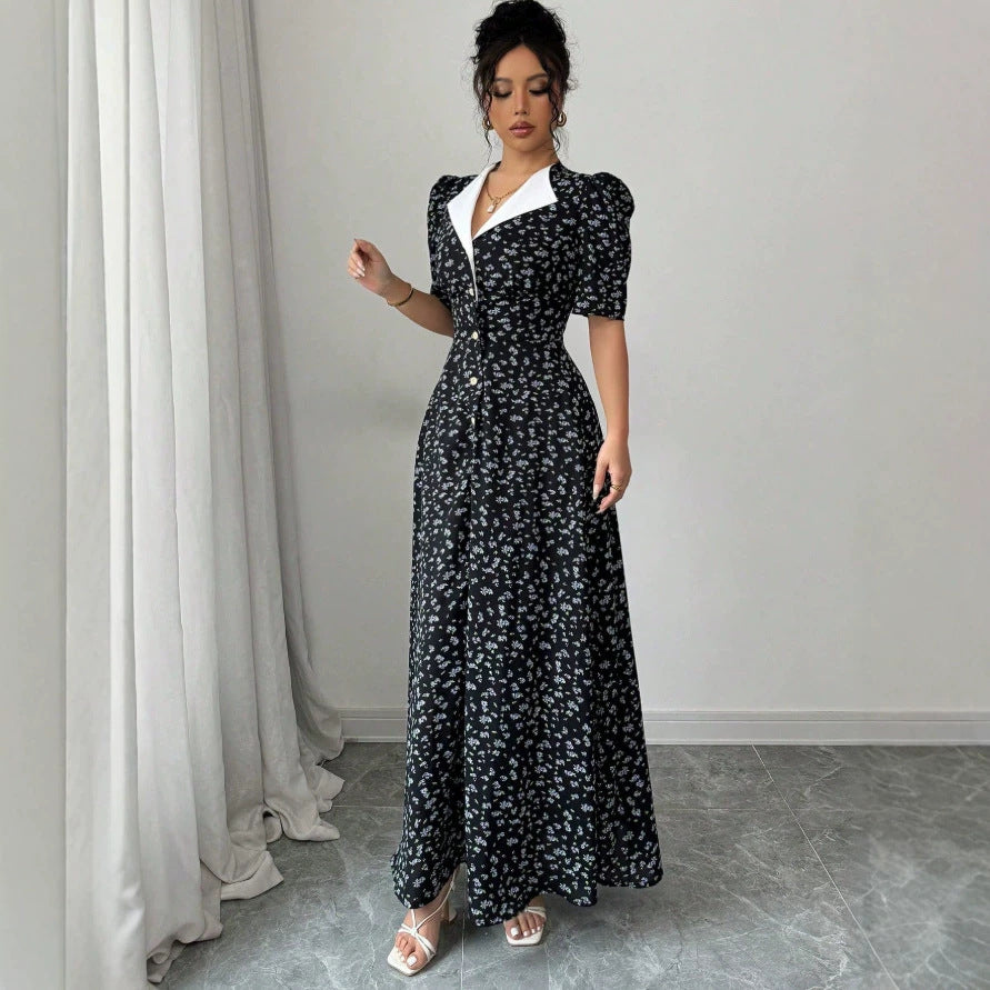new european and american style fitted v-neck floral print elegant dress