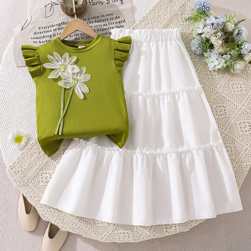 girls' outfit:  summer new style - kids' chic 3d floral flutter sleeve top and skirt two-piece set