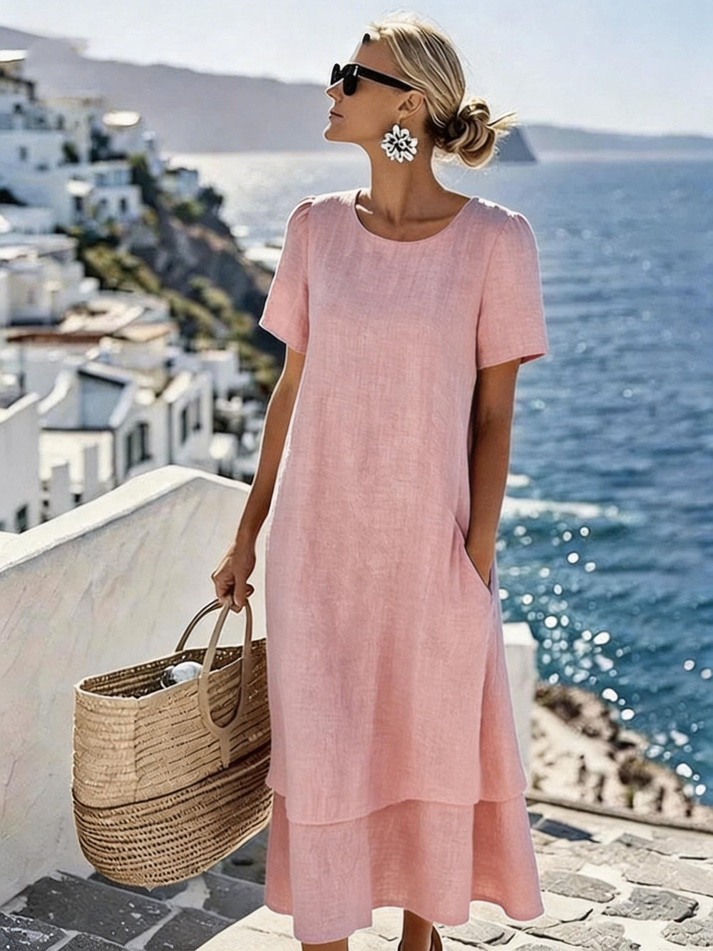 european and american cross-border  women's spring/summer vacation casual double-layer design round neck short sleeve dress