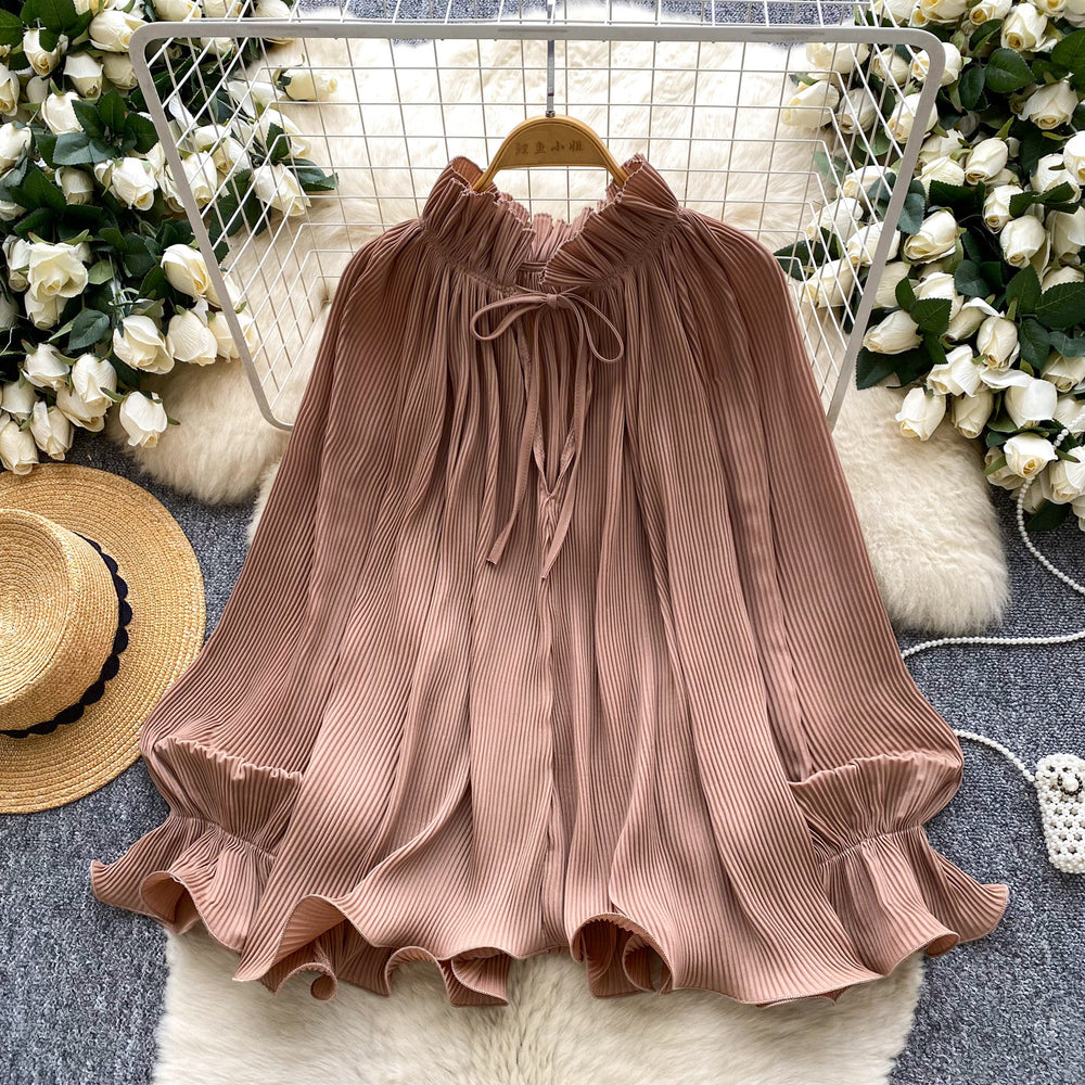 Gentle wind elegant bell sleeve pleated shirt for women autumfrenchlooseslimming lookcasualrufflestops
