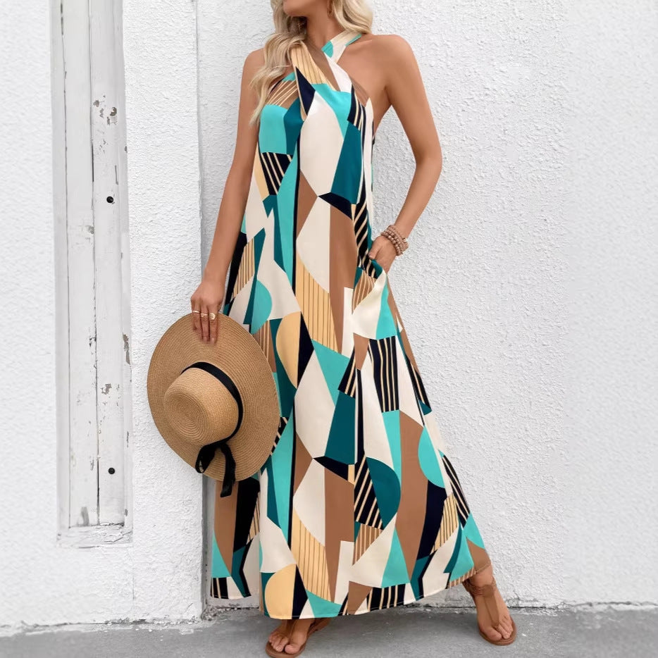 Amazon cross-border e-commerce women's casual vacation criss-cross tie neck loose a-line sleeveless maxi dress