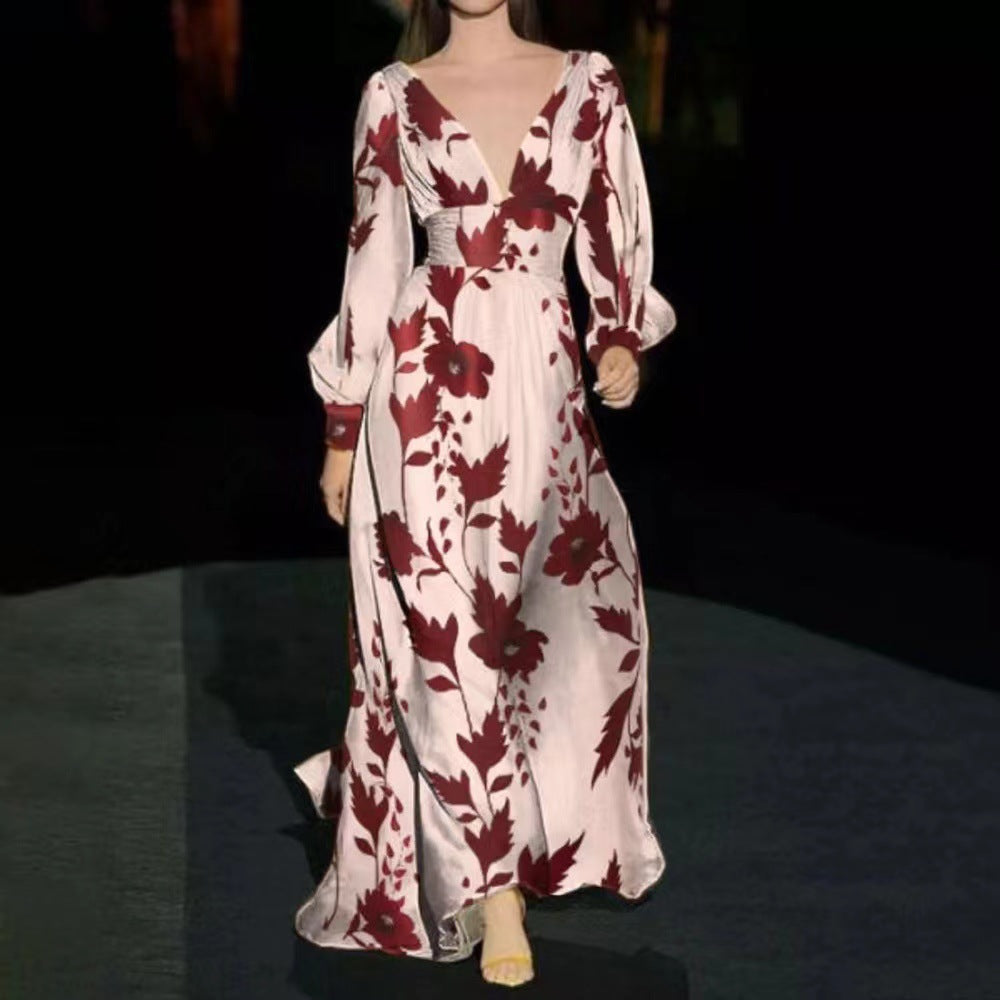 spring/summer new arrivals: european and american style fashionable printed dress - sexy v-neck, cinched waist, loose fit maxi dress
