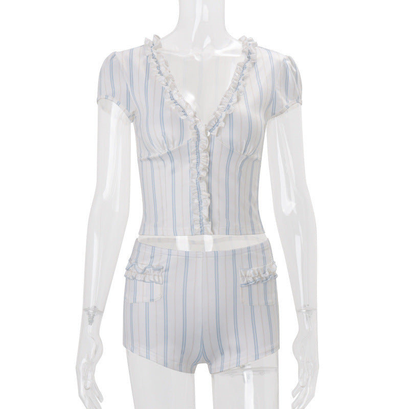 European and american women's clothing  spring new striped cardigan with ruffle trim short-sleeve top and slim-fit shorts set