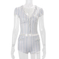 European and american women's clothing  spring new striped cardigan with ruffle trim short-sleeve top and slim-fit shorts set