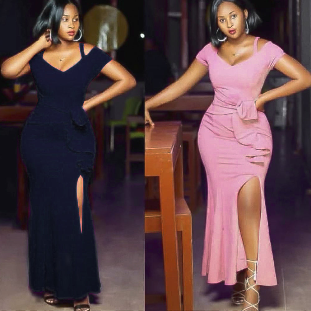 e-commerce: plus-size women's sexy, figure-flattering, slit evening gown with a fishtail train, suitable for , , and the african market