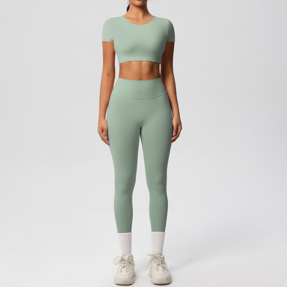 Ready-to-ship cross-border double-sided nylon brushed naked feel tight-fitting activewear yoga set - running & fitness short sleeve two-piece outfit