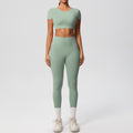 Ready-to-ship cross-border double-sided nylon brushed naked feel tight-fitting activewear yoga set - running & fitness short sleeve two-piece outfit