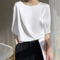 Faux silk five-sleeve t-shirt for women - new summer collection, elegant and relaxed fit, mid-sleeve tee, crew neck top