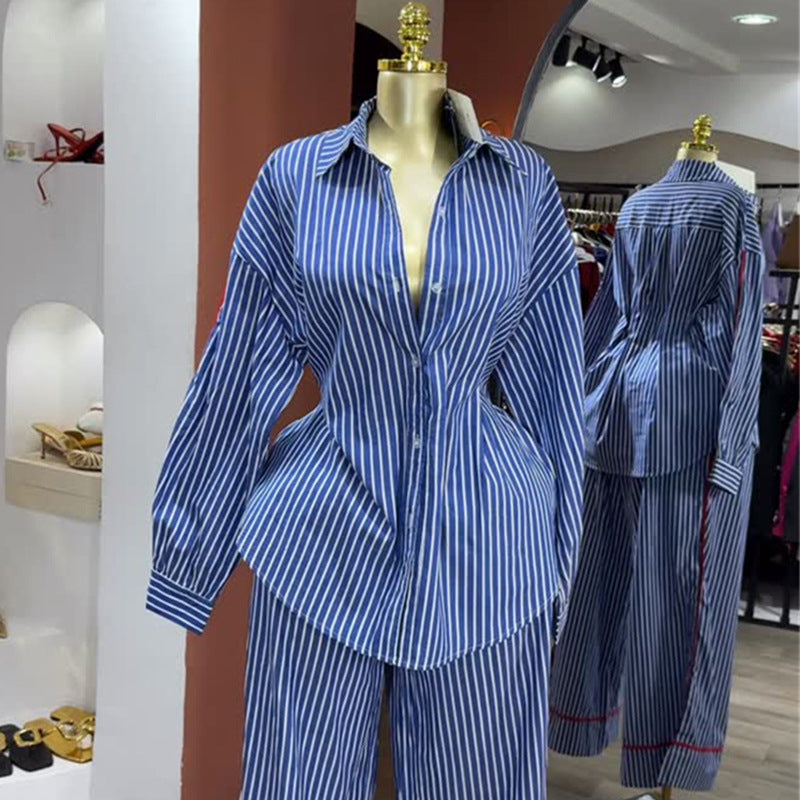European and american cross-border women's fashion:  autumn new collection - stylish lapel blue striped shirt and wide-leg pants casual set
