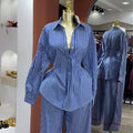 European and american cross-border women's fashion:  autumn new collection - stylish lapel blue striped shirt and wide-leg pants casual set