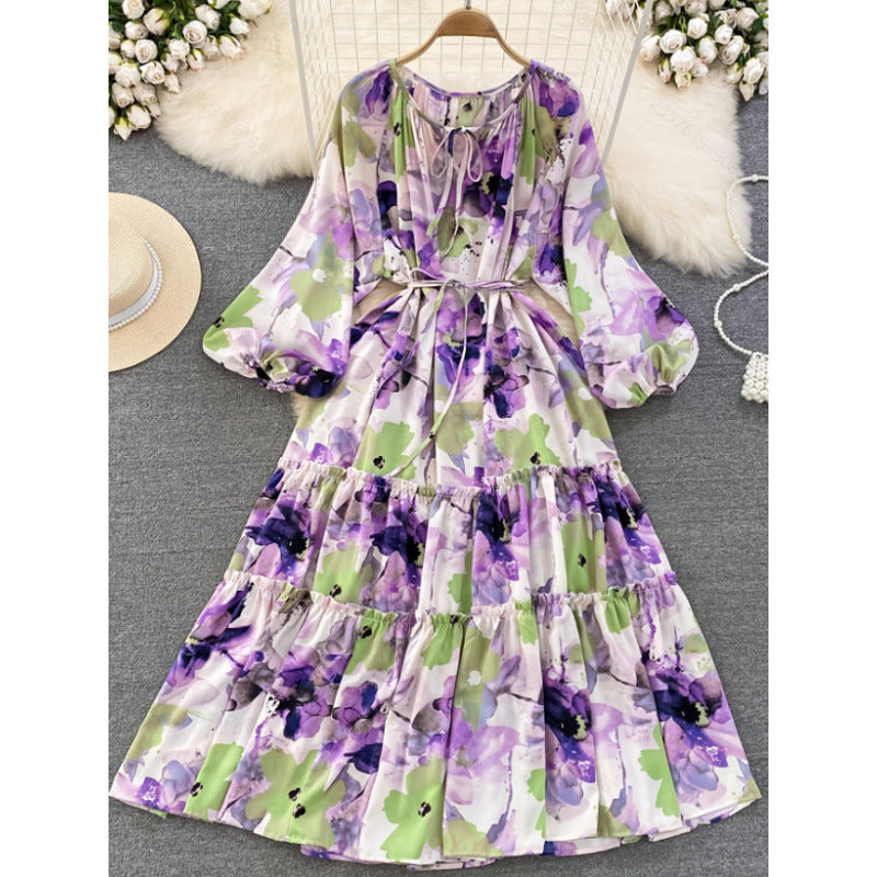 Women's autumn elegant floral print patchwork tiered hem belted lantern sleeve dress