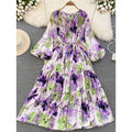 Women's autumn elegant floral print patchwork tiered hem belted lantern sleeve dress