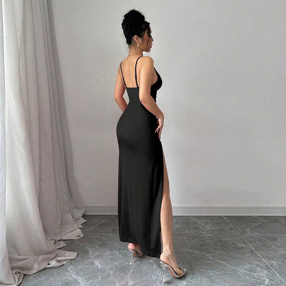 new european and american style women's hollow-out sexy cami dress - summer minimalist black party maxi dress
