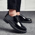 Teenage black british style leather shoes for men, korean style, trendy and versatile, round-toe lace-up casual shoes for students, men's patent leather shoes