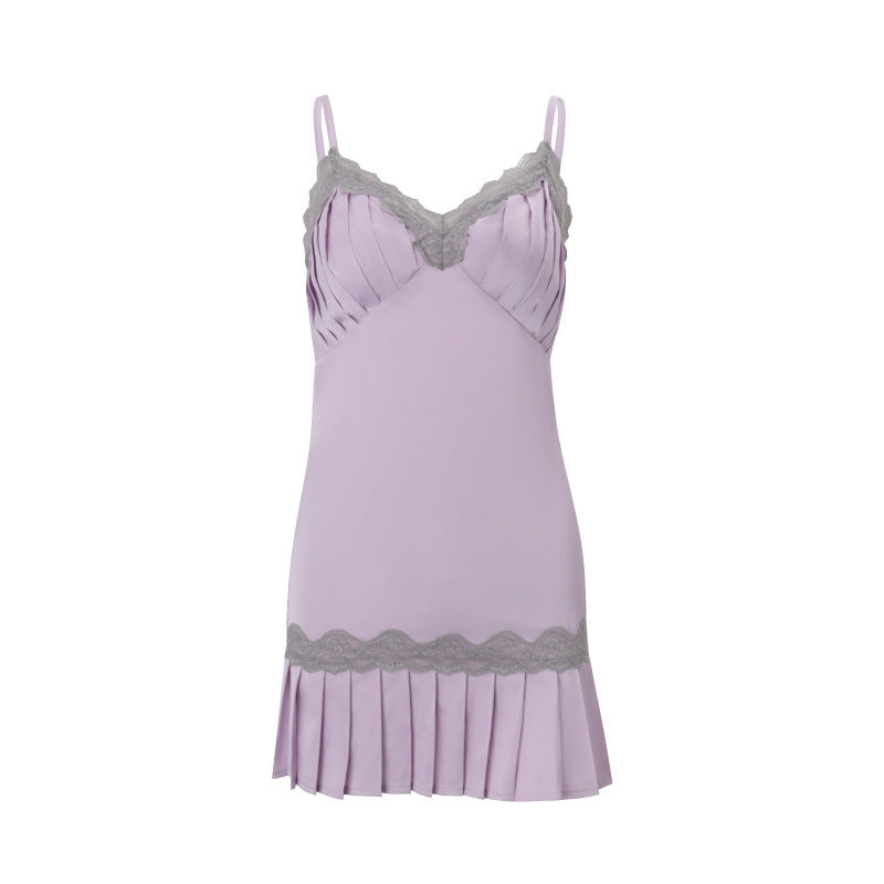 european and american women's clothing  spring new arrival: sweet & sultry lace trim v-neck cami pleated dress