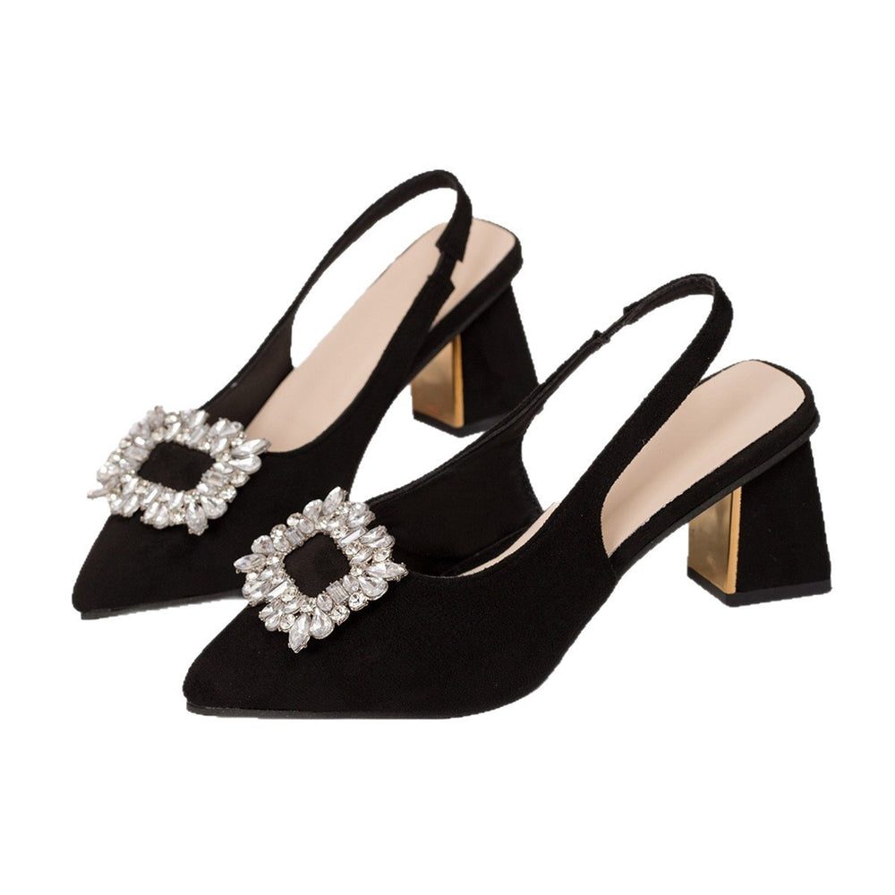 43 cross-border foreign trade pointed toe square buckle rhinestone high heel sandals women's 2026 summer new suede thick heel toe sandals