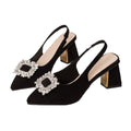 43 cross-border foreign trade pointed toe square buckle rhinestone high heel sandals women's 2026 summer new suede thick heel toe sandals