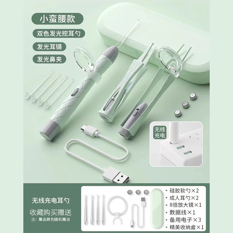 Baby ear-picking handy gadget, luminous and lighted, kids-specific soft-head security ear-picking spoon, earwax tweezers, ear-picking spoon buckle