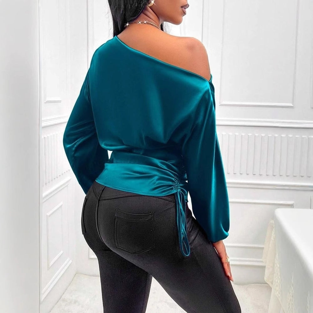 Amazon cross-border fashion new women's satin blouse - spring/summer asymmetrical long sleeve slant neck shirt top