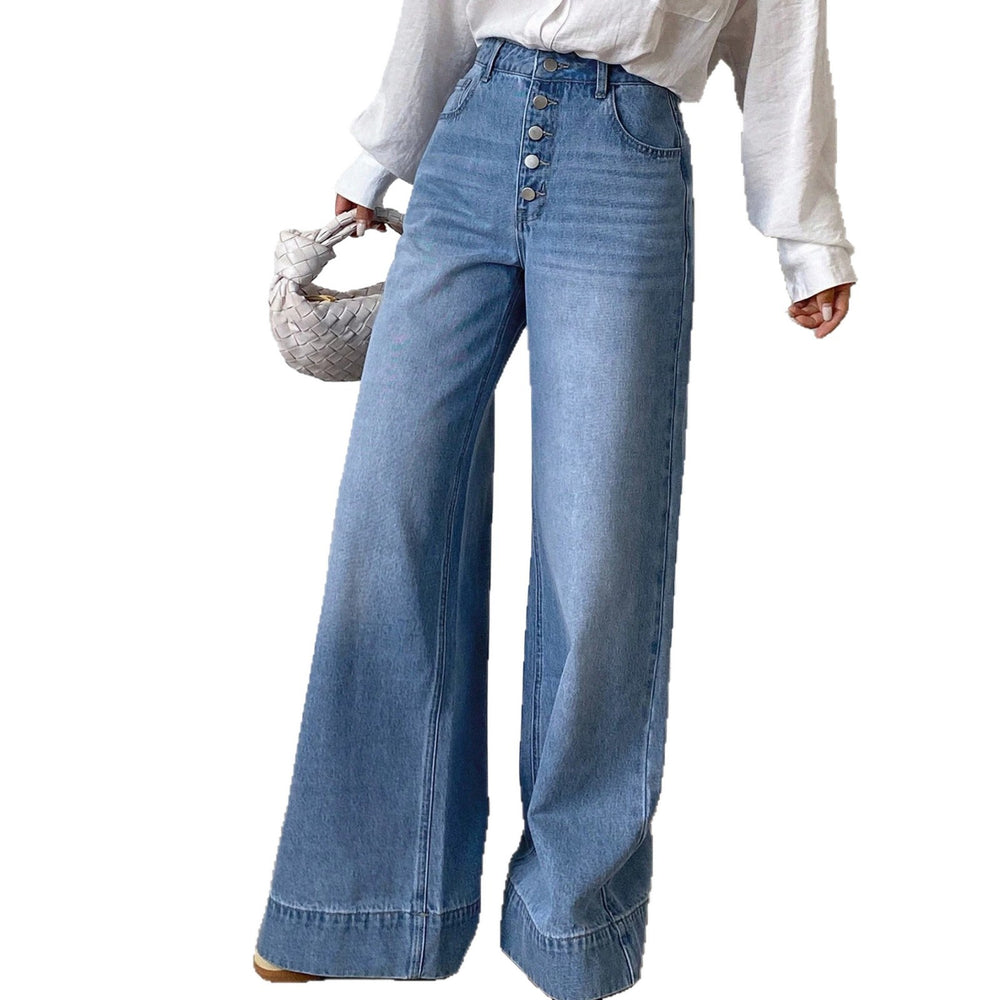 Fashionjeans women's multi-breasted high waist wide leg pants blue washed drapedloosemop denim pants
