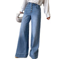 Fashionjeans women's multi-breasted high waist wide leg pants blue washed drapedloosemop denim pants