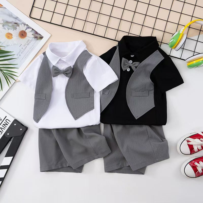 Kids' summer cotton linen short-sleeve set: boys' cartoon deer print shirt two-piece korean style casual wholesale