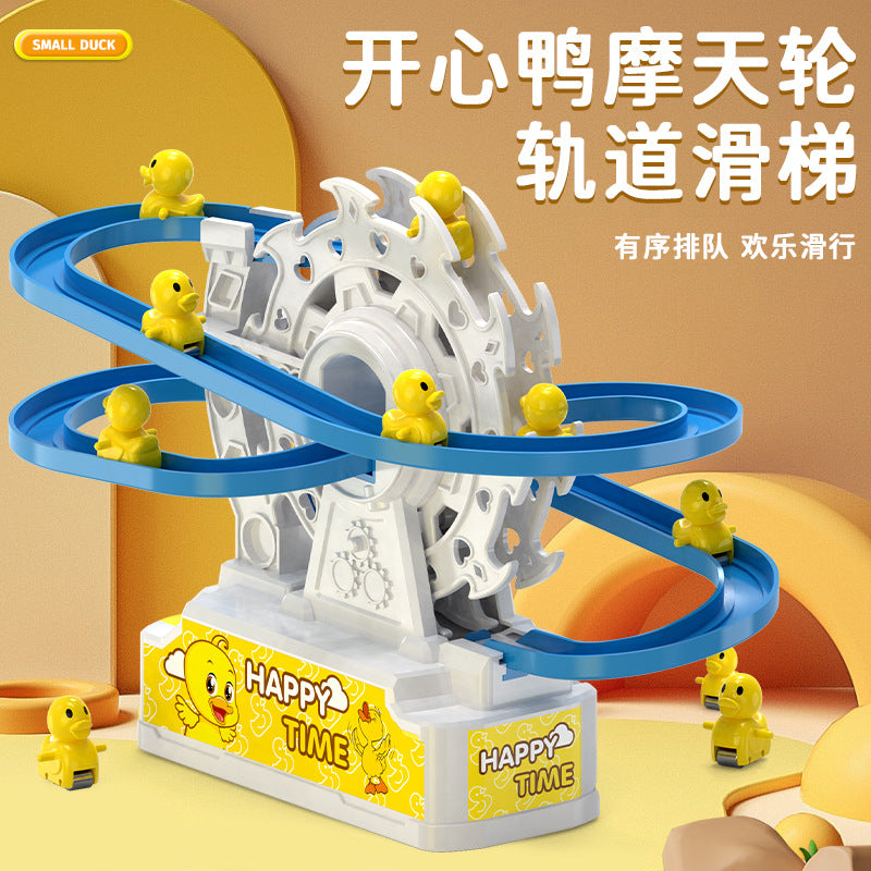 2025 new year children's toy educational duck ferris wheel climbing stairs electric music light track cross-border