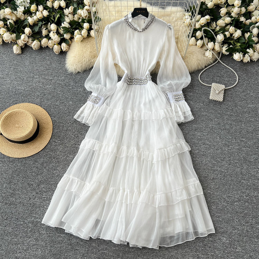 Elegant women's dress  new french style heavily embellished diamond-studded stand collar flared sleeve cinched waist ruffle hem maxi dress