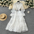 Elegant women's dress  new french style heavily embellished diamond-studded stand collar flared sleeve cinched waist ruffle hem maxi dress