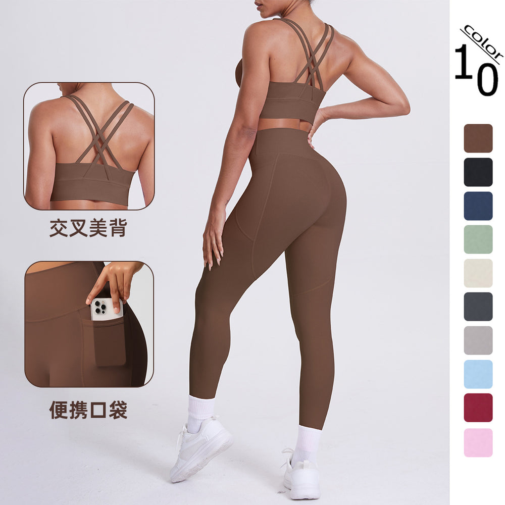Fashion cross-border nude brushed cross back bra sports hip pocket pants fitness yoga clothes two-piece set