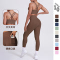 Fashion cross-border nude brushed cross back bra sports hip pocket pants fitness yoga clothes two-piece set