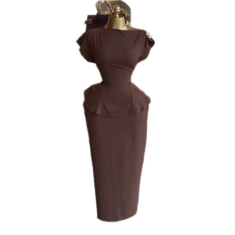 European and american women's clothing  autumn new collection: sweet and fresh off-the-shoulder short-sleeve blouse and high-waisted midi skirt two-piece set