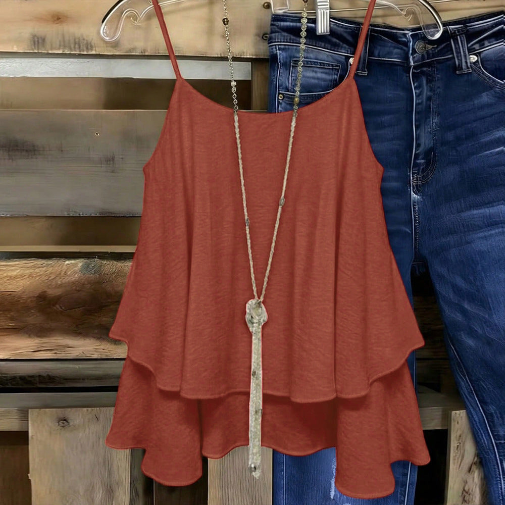 summer new arrivals: european and american style women's v-neck double-layer ruffle camisole - slimming inner layer top