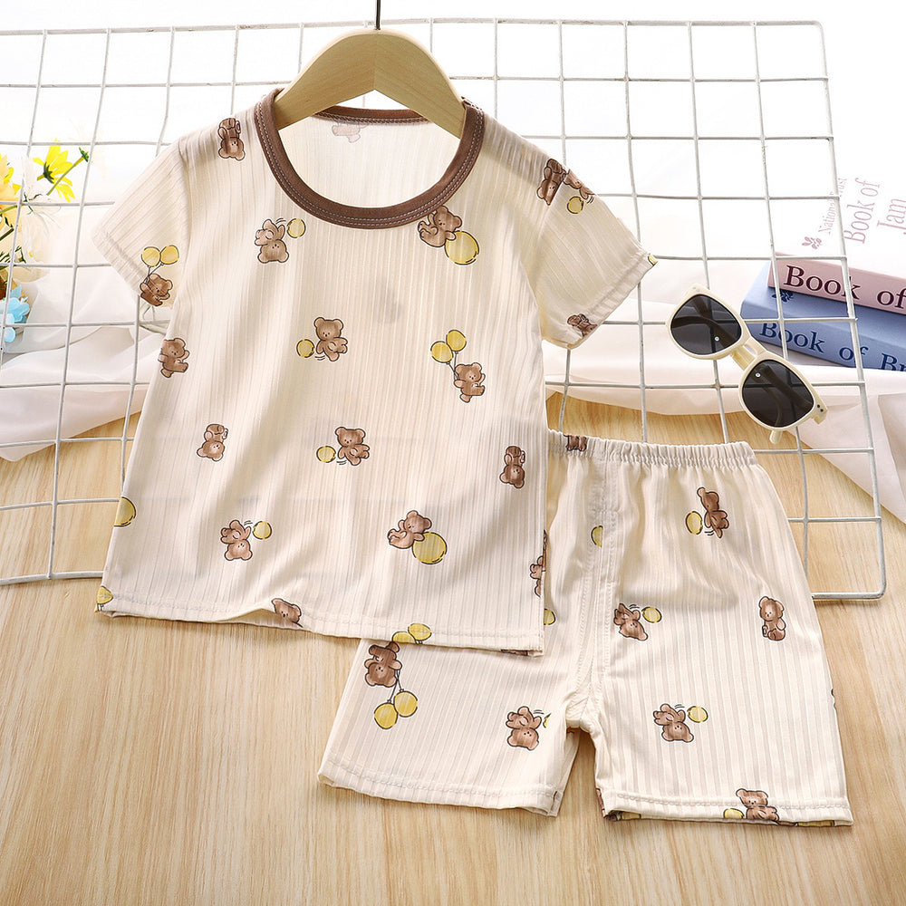 Kids' summer ice silk short-sleeve set - lightweight air conditioning suit for boys and girls, toddler and children's sleepwear, loungewear, and children's clothing
