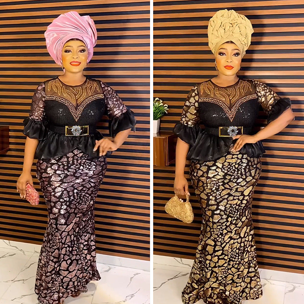 New african autumn/winter rhinestone & sequin party evening dress -  women's stretch mesh dress