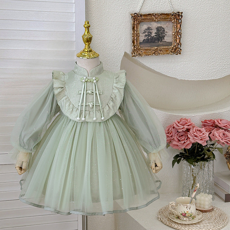 Girls' dress  spring new arrival: gentle, modern chinese style, single-breasted button, flared skirt, kids' birthday dress, trendy