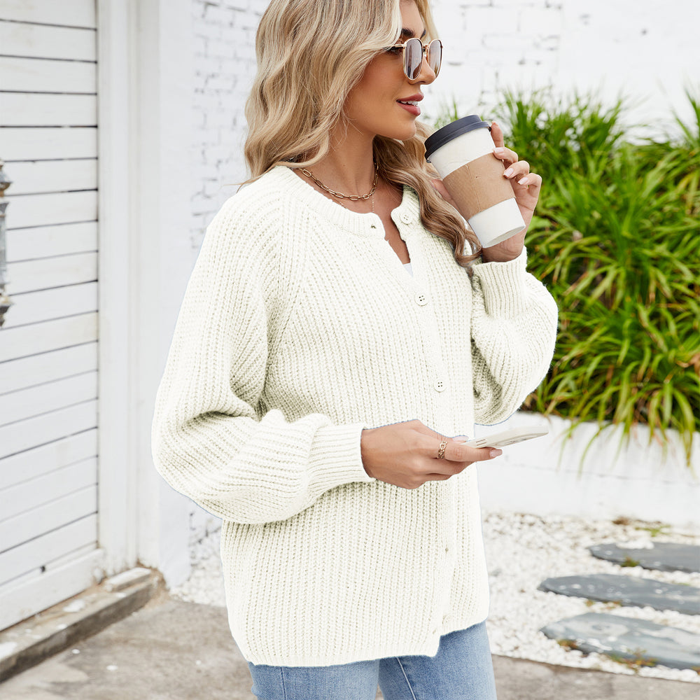 Fashion cross-border export women's clothing new arrival   loosecasual round neck sweater one-row button tops trendy