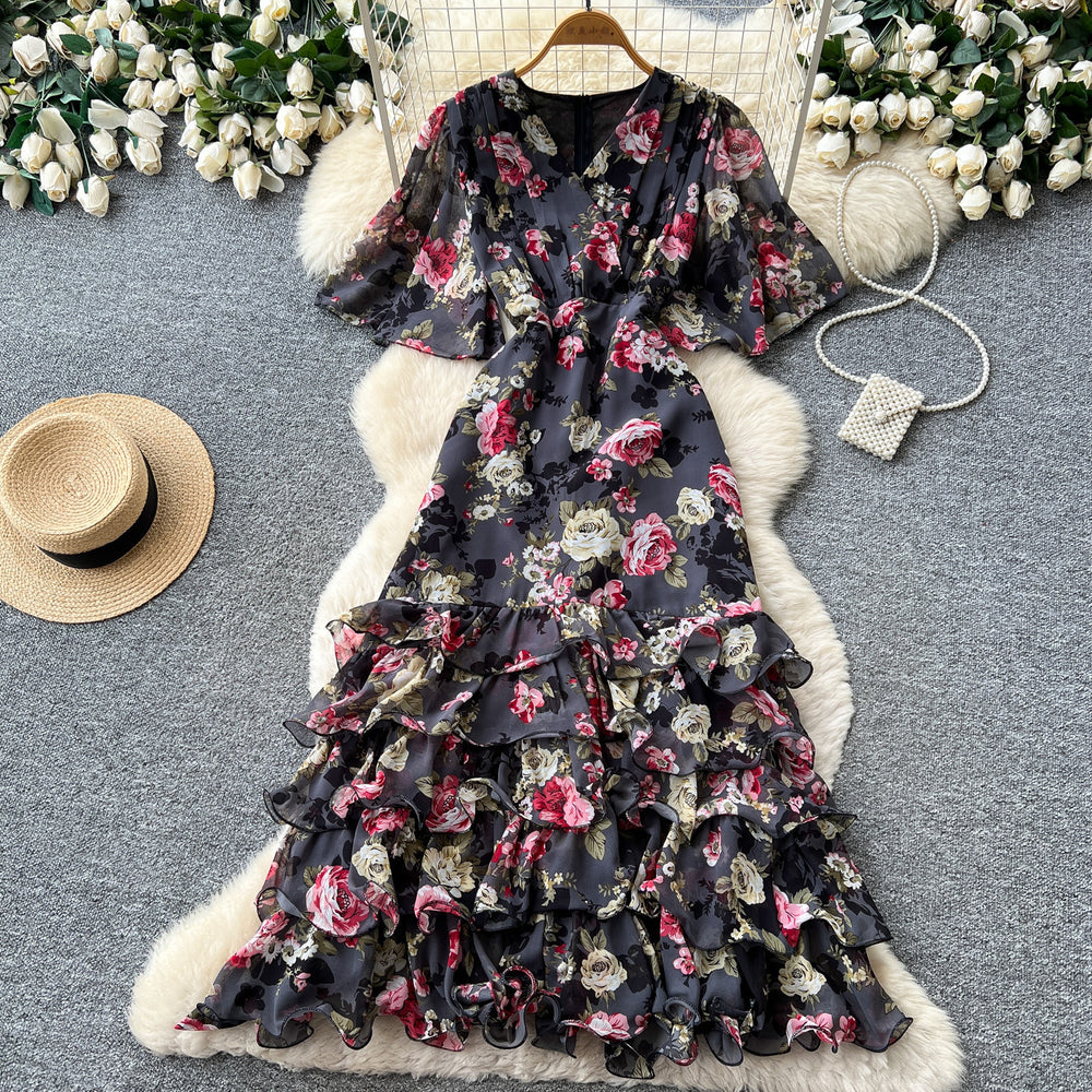 K-stylev neck floral multi-layer dress women's summer short sleevehigh waist cake skirt romantic style pinkelegant long skirt
