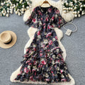 K-stylev neck floral multi-layer dress women's summer short sleevehigh waist cake skirt romantic style pinkelegant long skirt