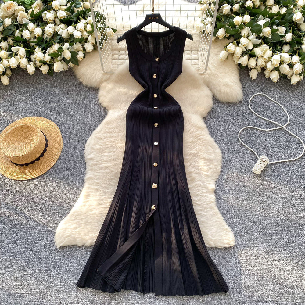 Xiaoxiangfengclassy round neck sleeveless knittingdress women's silmslimming look metal button tight hip-hugging long skirt