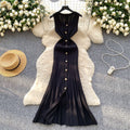 Xiaoxiangfengclassy round neck sleeveless knittingdress women's silmslimming look metal button tight hip-hugging long skirt