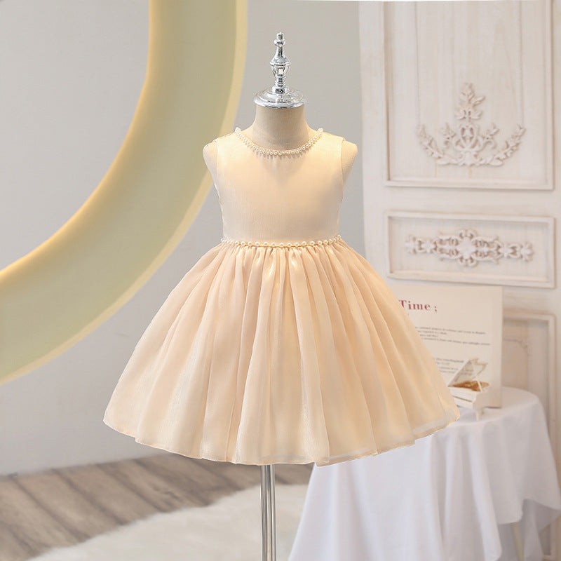 Export kids first birthday dress sleeveless princess dress girl baby beaded dress birthday evening dress in stock