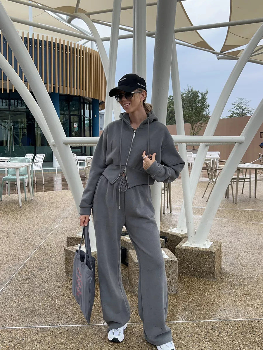 Cross-border European and American women's fashion sports suit solid color long-sleeved zipper hooded cardigan sweater casual pants two-piece set