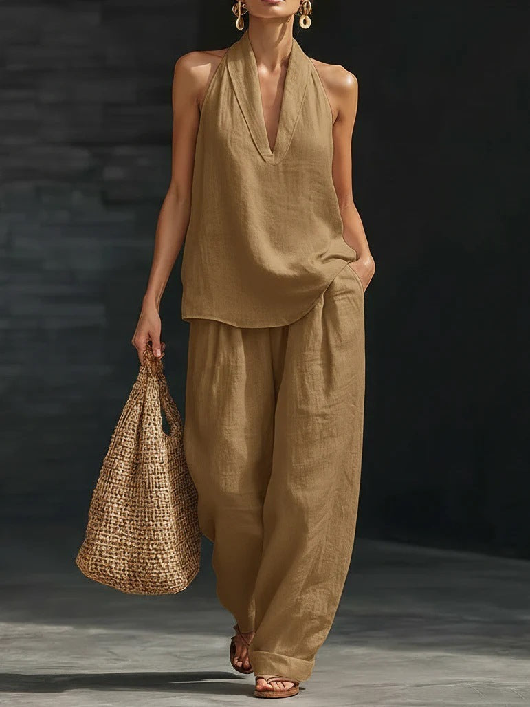 spring/summer hot seller: french chic halter v-neck open-back top & cool, comfortable, slimming wide-leg pant set
