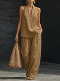 spring/summer hot seller: french chic halter v-neck open-back top & cool, comfortable, slimming wide-leg pant set