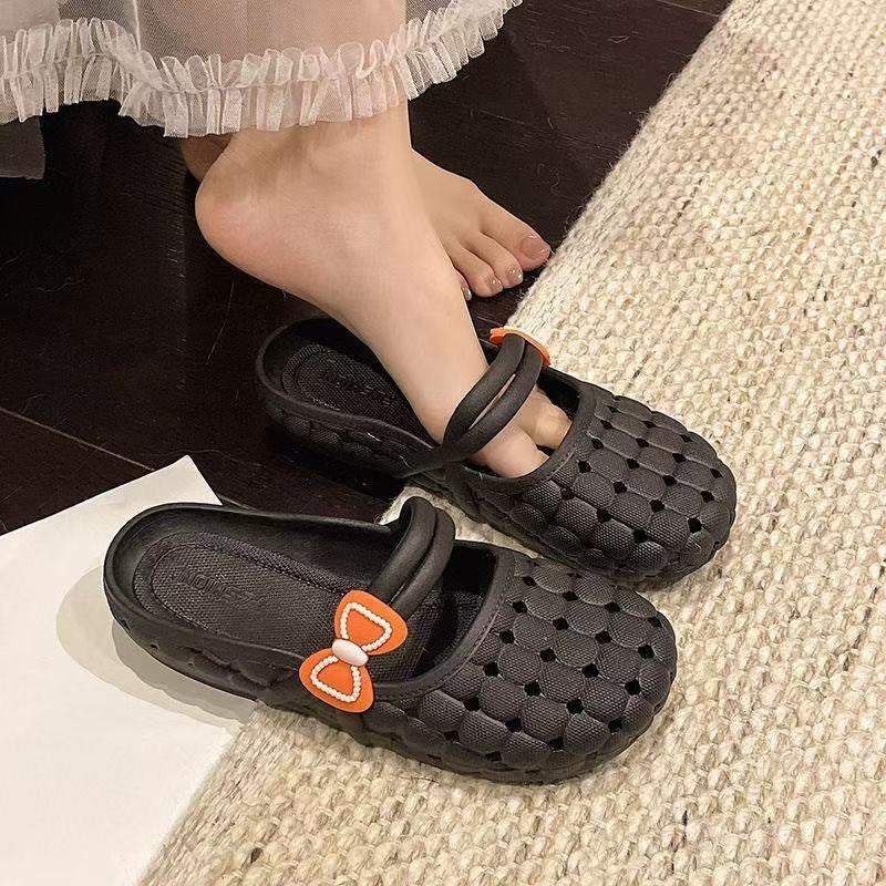 Baotou slippers women's summernew arrivalfashion soft bottomfor homeoutwear breathable flats crocs bows half slippers