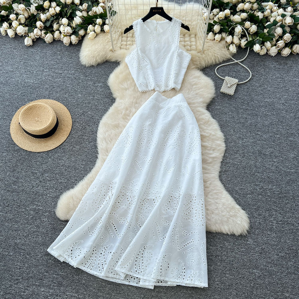 French retro hollow-out crochet design set for women: sleeveless tank top + high-waisted elastic waist flared midi skirt