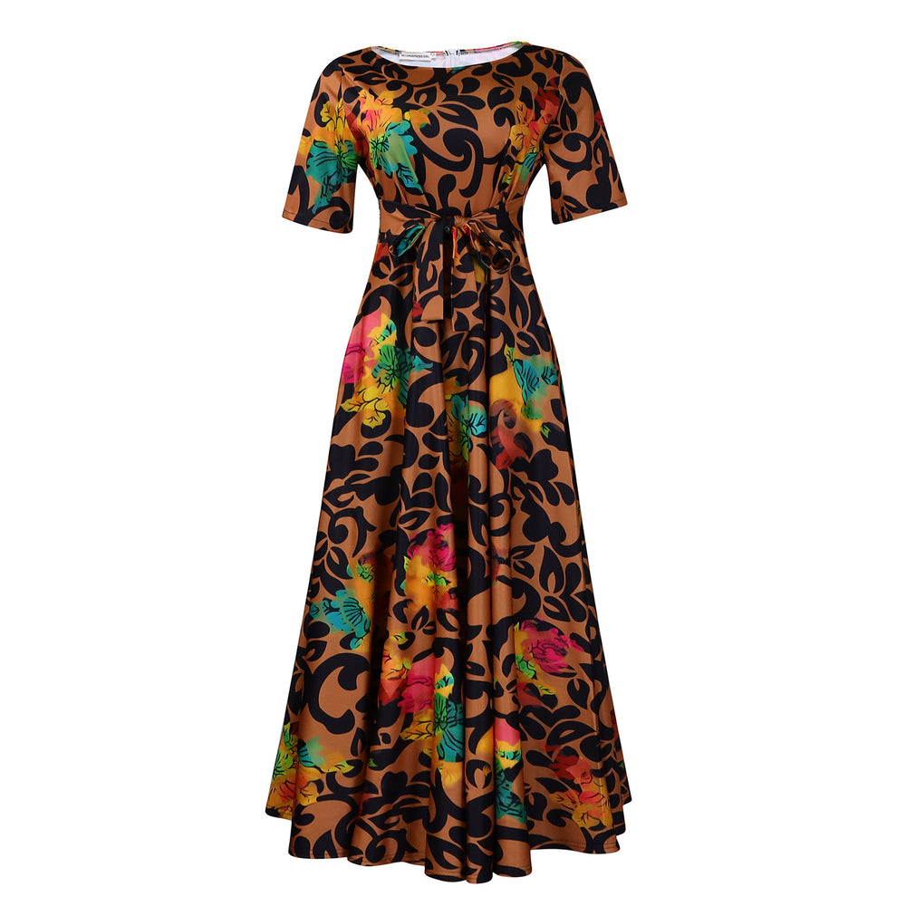 D3266 cross-border women's clothing  new fashion elegant lace-up african large size short-sleeved large swing foreign trade dress