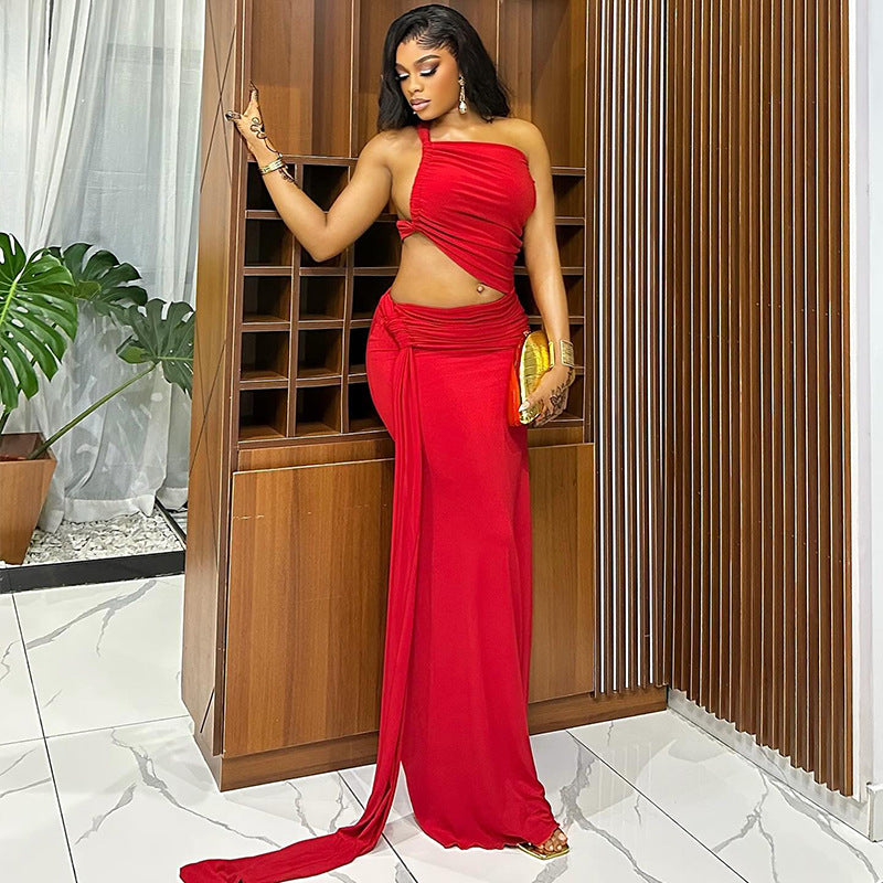 Fashion style export women's clothing silm asymmetrical pleated hip skirt one shoulder oblique collar tube toppure color long dress trendy
