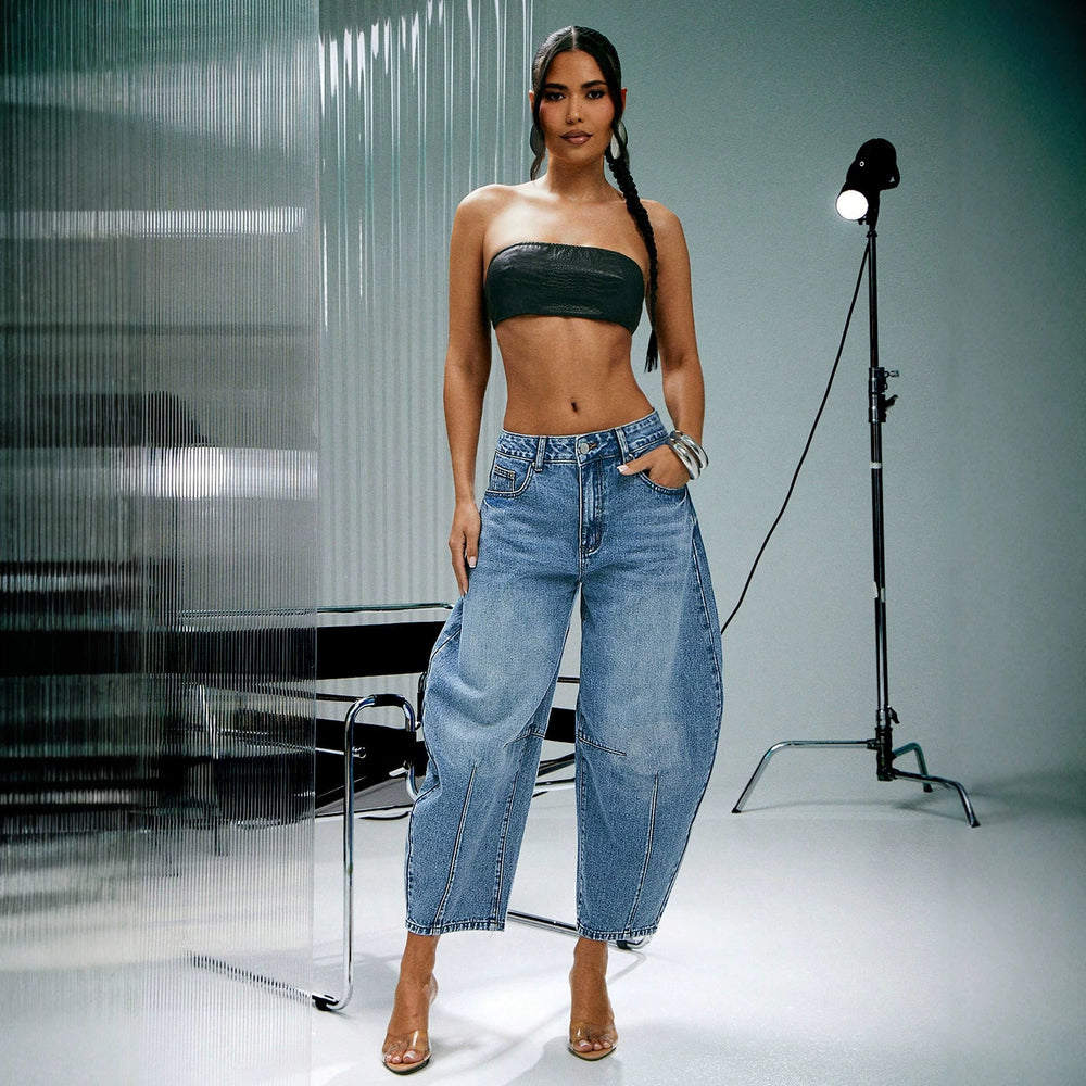 Fashionjeans women's patchworkhigh waist cocoon type scimitar pants retro light blue looseslimming lookshortloose pantsjeans